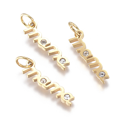 Настоящее золото 18K 316 хирургические подвески из нержавеющей стали, с микропаве и фианитом, долговечный, Слово мама, день матери, прозрачные, реальный 18 k позолоченный, 17x4.5x1.5 мм, отверстие: 3.5 мм
