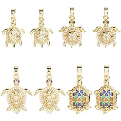 Настоящее золото 18K 8 шт 4 стили латунные подвески из микропаве с фианитом, прелести черепахи, реальный 18 k позолоченный, 18.5~24.5x13~18x2.5~3.5 мм, отверстие : 5~7.5x2~5 мм, 2 шт / стиль