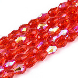 Красный Прозрачные стеклянные бусины гальваническим пряди, слеза, с половинным покрытием ab цвета, граненые, красные, 7.5~8x5.5~6 мм, отверстие : 1~1.2 мм, около 65~66 шт / нитка, 19.69~20.28 дюйм (50~51.5 см)