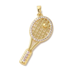 Настоящее золото 18K Подвески из латуни с микропаве из кубического цирконияЛатунные подвески с микропаве из кубического циркония, долговечный, без кадмия и без свинца, подвески для бадминтона и ракетонии, ракетка, реальный 18 k позолоченный, 35x14x3 мм, отверстие : 3.5x2.5 мм