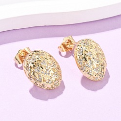 Прозрачный Серьги-гвоздики в форме яйца с микропаве из кубических цирконий из латуни, реальный 16 k позолоченный, прозрачные, 18x13 мм