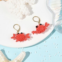 Red Glass Seed Bead Leverback Dangle Earrings, Crab, 304 Stainless Steel Leverback Earrings, Glass Pearl Bead and Black Onyx Beads, Red, 37~38x32~33mm