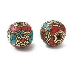 Античное Золото Ручной тибетском стиле бисера, круглые, Латунные бусины, с синтетическими бирюзовый, античное золото , 17~18x16~17.5 мм, отверстие : 1.8~2 мм