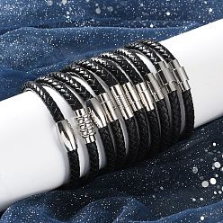 Черный Смешанные плетеные браслеты кожаный шнур, с 304 из нержавеющей стали магнитные застежки, чёрные, 200x6 мм