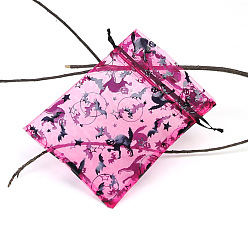 Cat Shape Прямоугольные сумки из органзы на шнурке, пакеты для хранения конфет горячего тиснения, подарочный пакет на Хэллоуин, средне фиолетовый красный, форма кошки, 18x13 см