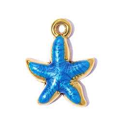 Синий 304 нержавеющей стальной эмали подвески, прелести морская звезда, ионное покрытие (ip), зеркальная полировка, реальный 18 k позолоченный, синие, 15x12 мм, отверстие : 1.6 мм