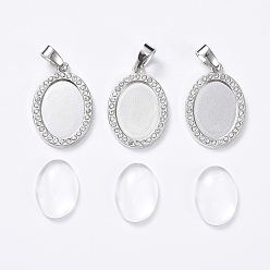 Platinum DIY Pendant Making, with Alloy & Rhinestone Pendant Cabochon Settings and Transparent Oval Glass Cabochon, Platinum, Cabochon Setting: 26.5x18.5mm, Glass: 18x13x4~5mm