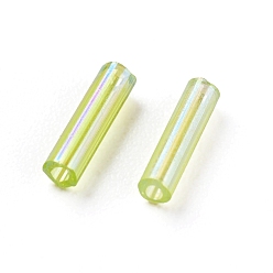 Green Yellow Glass Bugle Beads, Transparent Colours Rainbow, Green Yellow, 6.5~7x2mm, Hole: 0.8mm, about 50000pcs/pound