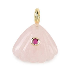 Розовый Кварц Резные подвески из натурального розового кварца, подвески в форме ракушки с кубическим цирконием и латунной фурнитурой, золотые, стойки покрытие, 28x22x8 мм, отверстие : 4 мм