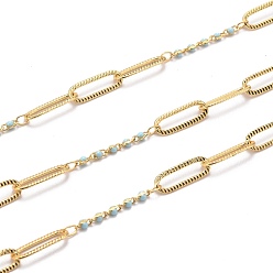 Light Sky Blue Golden Plated Handmade Enamel Beaded Chains, Brass Paperclip Chains, Long-Lasting Plated, Soldered, with Spool, Light Sky Blue, Link: 15x5x0.7mm and 5x1.7x2mm, about 32.8 Feet(10m)/roll