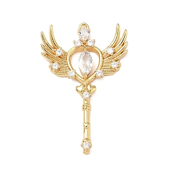 Настоящее золото 18K Латунные микропаве прозрачные подвески с фианитом, сердце с крылом волшебная палочка, реальный 18 k позолоченный, 39x25x4 мм, отверстие : 1.4 мм
