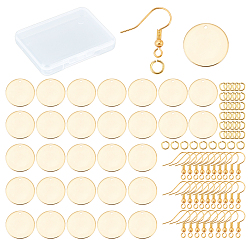 Golden DIY Earring Making Kit, Including 30Pcs Brass Flat Round Pendants, 30Pcs Earring Hooks, 40Pcs Open Jump Rings, Real 18K Gold Plated, 16x1mm, Hole: 1.5mm