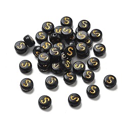 Letter S Покрытие непрозрачных акриловых бисер, золотой металл обвитыми, плоские круглые с буквы, Письмо с, 7x3.5 мм, отверстие : 1.2 мм, Около 3846 шт / 500 г