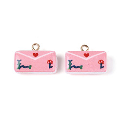Pink Печатные акриловые подвески, конверт прелести, с латунной найти, розовые, 14.5~15.5x20~20.5x7~7.5 мм, отверстие : 2 мм