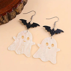 Белый Акриловые серьги-подвески «Призрак с летучей мышью», платина, белые, 84x40 мм
