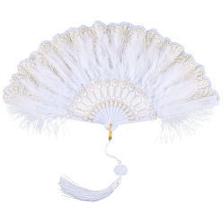 White Plastic Folding Fan with Tassels, for Party Wedding Dancing Decoration, White, 240x60x18.5mm