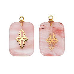 Стеклянный Камень Арбуза Синтетический арбуз камень стеклянные подвески, Прямоугольные подвески с кусочком цветка из нержавеющей стали золотистого цвета, 21.5x13 мм, отверстие : 1.5 мм