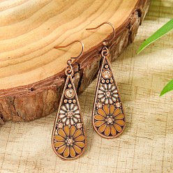 Перу Серьги-подвески из богемского сплава с эмалью, со стразами, слезинка с цветочным узором, Красная медь, Перу, 55x17 мм