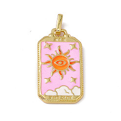 Sun Alloy Enamel Pendants, Rectangle, Tarot Pattern Charm, Golden, Pearl Pink, Sun Pattern, 26x14x2mm, Hole: 2x3mm
