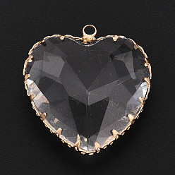 Прозрачный Прозрачные стеклянные подвески, сердце, с латунной кромкой, граненые, прозрачные, 30~32x28~28.5x8.5~9.5 мм, отверстие : 2.2~2.4 мм