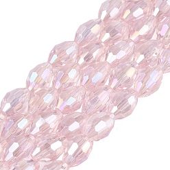 Misty Rose Electroplate Transparent Glass Beads Strands, Rice, AB Color Plated, Faceted, Misty Rose, 8~8.5x5.5~6mm, Hole: 1~1.2mm, about 67~68pcs/strand, 21.46~22.24 inch(54.5~56.5cm)