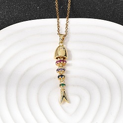 Золотой 201 Подвеска в виде рыбьей кости из нержавеющей стали с цветными фианитами, инкрустированная кубическим цирконием, для женщин, золотые, 17.68 дюйм (44.9 см)