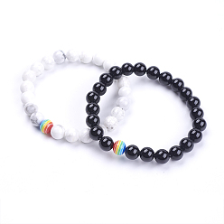 Mixed Stone Natural Howlite & Dyed & Heated Black Agate Beaded Stretch Bracelets, with Resin Beads, 2 inch~2-1/8 inch(51~55mm), 2strands/set