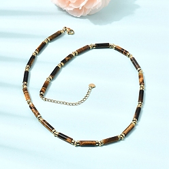 Тигровый глаз Ожерелья из бусин из натурального тигрового глаза и синтетического немагнитного гематита в форме колонн с цепочками из нержавеющей стали., золотые, 304 дюйм (16.85 см)