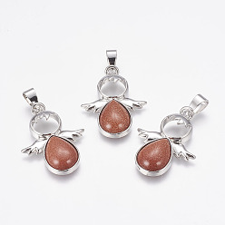 Камень с Пылевым Золотом Синтетические голдстоуновские подвески, ангел, с латунной найти, платина, 34x25.5x4.5~6.5 мм, отверстие : 4~5x7 мм