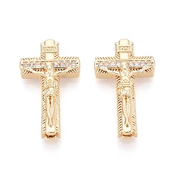 Настоящее золото 18K Религиозные латунные микропаве прозрачные бусины из кубического циркония, Крест с Иисусом, ионное покрытие (ip), реальный 18 k позолоченный, 23x13.5x4.5 мм, отверстие : 2x1.2~1.3 мм