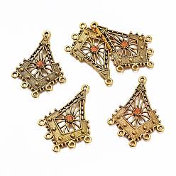Or Antique Alliage lustre liens de composants, avec topaze strass, losange, Or antique, 46x32x4mm, trou: 1.5 mm et 2 mm