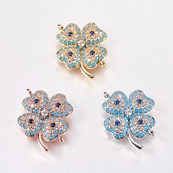 Mixed Color Brass Micro Pave Cubic Zirconia Links, Clover, Nickel Free & Lead Free & Cadmium Free, Mixed Color, 19x20.5x3mm, Hole: 1mm
