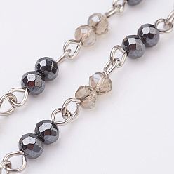 BurlyWood Handmade Faceted Glass Beaded Chains, Unwelded, with Non-Magnetic Synthetic Hematite Beads, Iron Eye Pin, Platinum, BurlyWood, 39.37 inch, 1m/strand