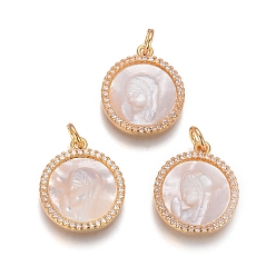 Золотой Латунные подвески, с микро проложить кубического циркония, раковины и прыжковые кольца, плоские круглые с Девой Марией, прозрачные, золотые, 18x15x3 мм, отверстие : 3 мм