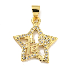 Звезда Покрытие стойки латунь микропаве прозрачные подвески из кубического циркония, долговечный, без кадмия и без свинца, звезда, 20x18x2 мм, отверстие : 5x3 мм