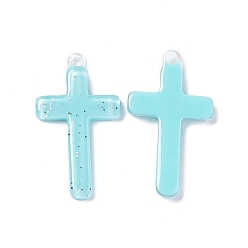 Небесно-голубой Непрозрачные акриловые подвески, с блестками, крест очарование, голубой, 32x18.5x3 мм, отверстие : 2 мм