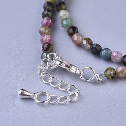 Tourmaline Natural Tourmaline Beaded Necklaces, with Brass Lobster Claw Clasps, Faceted Round Beads, 16.5 inch~16.7 inch(42~42.5cm)x3~3.5mm