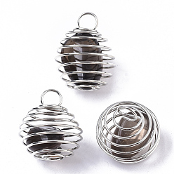 Smoky Quartz Iron Wrap-around Spiral Bead Cage Pendants, with Natural Smoky Quartz Beads inside, Round, Platinum, 21x24~26mm, Hole: 5mm
