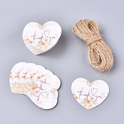 Pink Бумажные подарочные бирки, бирки, с джутовым шпагатом, на свадьбу / день святого валентина / день благодарения, сердце с цветочным узором и слово спасибо, розовые, 39.5x45x0.5 мм, отверстие : 3.7 мм, 50 шт / комплект