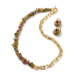 Унакит Набор украшений из натуральных бусин из унакита, колье из бисера с драгоценными камнями и серьги-кольца с подвесками для женщин, золотой свет, 16.73 дюйм (42.5 см), 20 мм, штифты : 1 мм