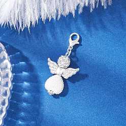 Белый АБС-пластик имитация жемчуга подвесные украшения, ангел в форме сердца, с крыльями из сплава, диско-шаром, украшенным стразами, и застежками-лобстерами из сплава, белые, 42 мм