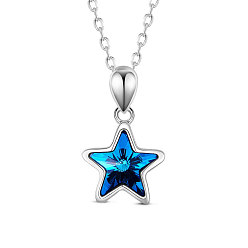 Prussian Blue 925 Sterling Silver Crystal Pendant Necklace, Star, Platinum Plated, Prussian Blue, 17.72 inch(45cm)