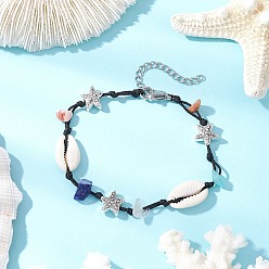 Морская звезда Плетеные браслеты из бусин из натуральных и синтетических драгоценных камней и ракушек каури, браслеты из тибетских бусин из сплава, морская звезда, 7-1/2 дюйм (19 см)