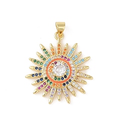 Orange Brass Micro Pave Cubic Zirconia Pendants, Cadmium Free & Nickel Free & Lead Free, Real 18K Gold Plated, Sun, Orange, 29.5x26.5x5mm, Hole: 4x3.5mm