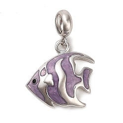 Средний Фиолетовый Родиевое покрытие 925 европейские подвески с эмалью стерлингового серебра, большие дырки рыбные подвески, платина, средне фиолетовый, 22.5 мм, отверстие : 4.5 мм