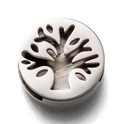 Edelstahl Farbe Anlaufgeschützt 304 Schiebeanhänger aus Edelstahl, flach rund mit Baum des Lebens, Edelstahl Farbe, 12x3.5 mm, Bohrung: 8x1.5 mm