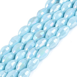 Light Cyan Electroplate Opaque Solid Color Glass Beads Strands, Rice, AB Color Plated, Faceted, Light Cyan, 8~8.5x5.5~6mm, Hole: 1~1.2mm, about 67~68pcs/strand, 21.46~22.24 inch(54.5~56.5cm)
