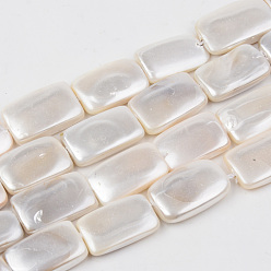 Floral White Electroplate Natural Freshwater Shell Beads Strands, Rectangle, Floral White, 15~16x10x3mm, Hole: 1mm, about 26pcs/strand, 16.14 inch(41cm)