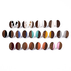 Mixed Color Resin & Walnut Wood Stud Earring Findings, with 304 Stainless Steel Pin, Oval, Mixed Color, 15x10mm, Hole: 1.8mm, Pin: 0.7mm