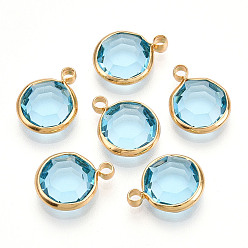Небесно-голубой K 9 стеклянные подвески, плоско-круглые, с латунной фурнитурой , граненые, реальный 18 k позолоченный, голубой, 13.5~14x10.5~11x3.5~4 мм, отверстие : 1.8 мм